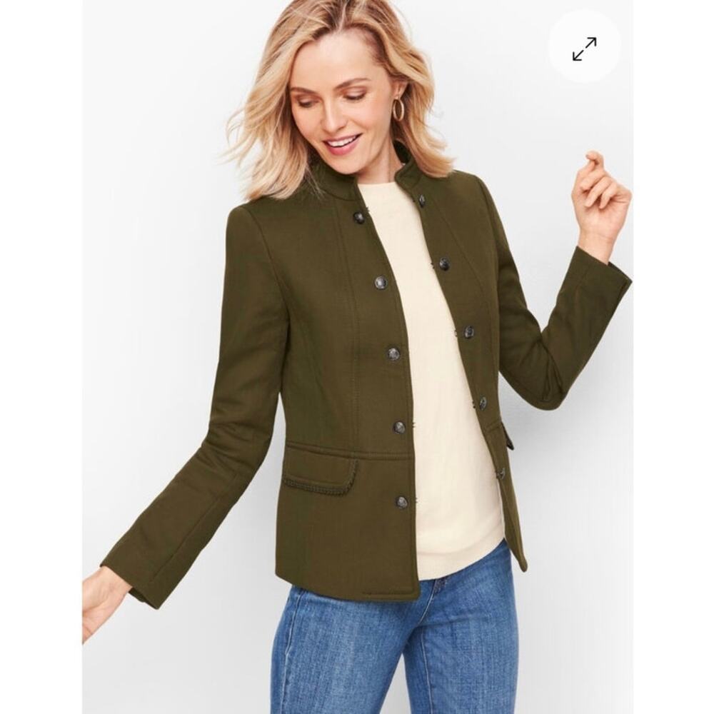 TALBOTS Olive Green Ashley Twill Military Style Jacket‎ Size 2P (e-127)